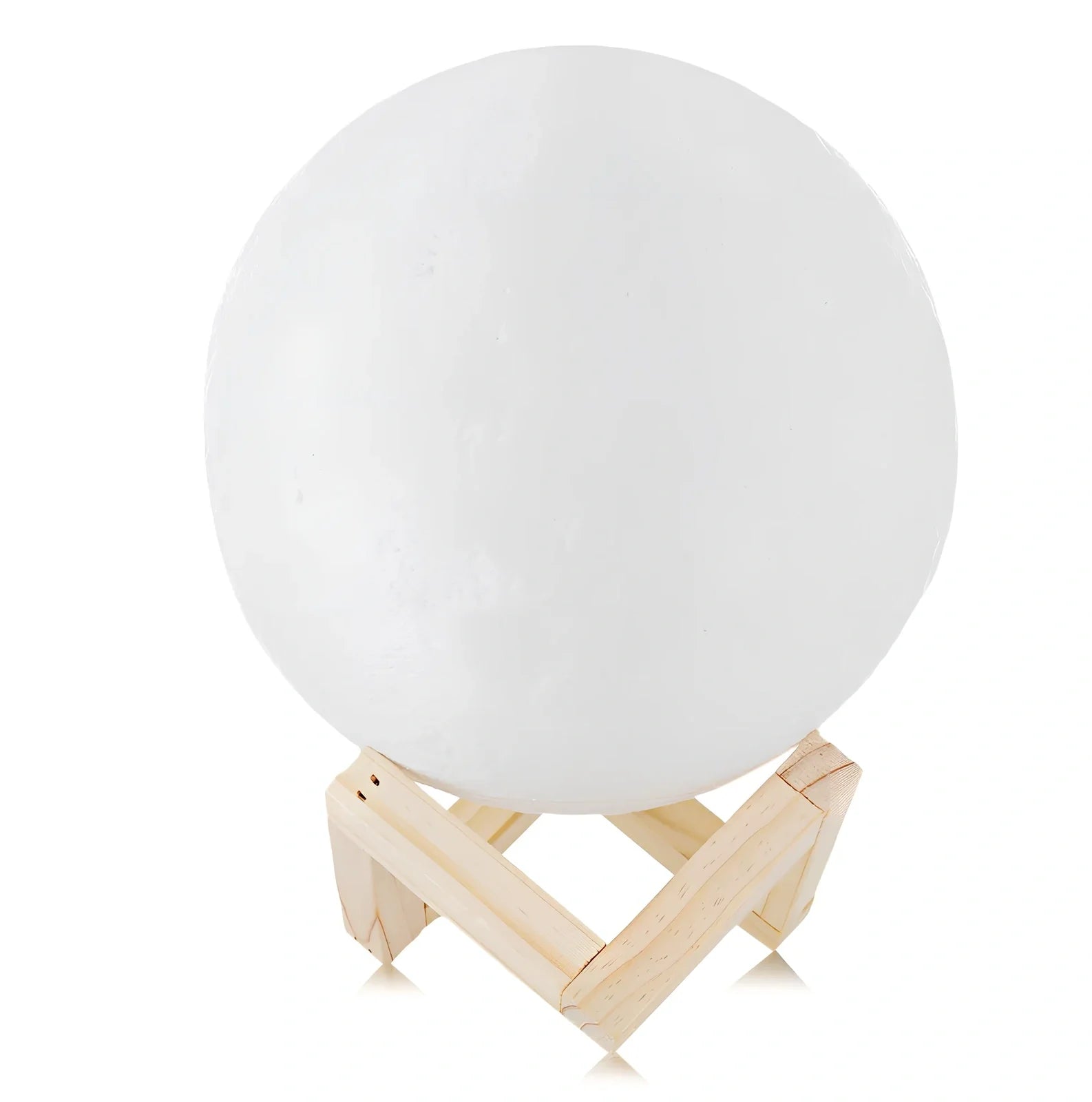 3D printed moon night light with detailed lunar surface and dual-colour LED lighting on beech wood stand