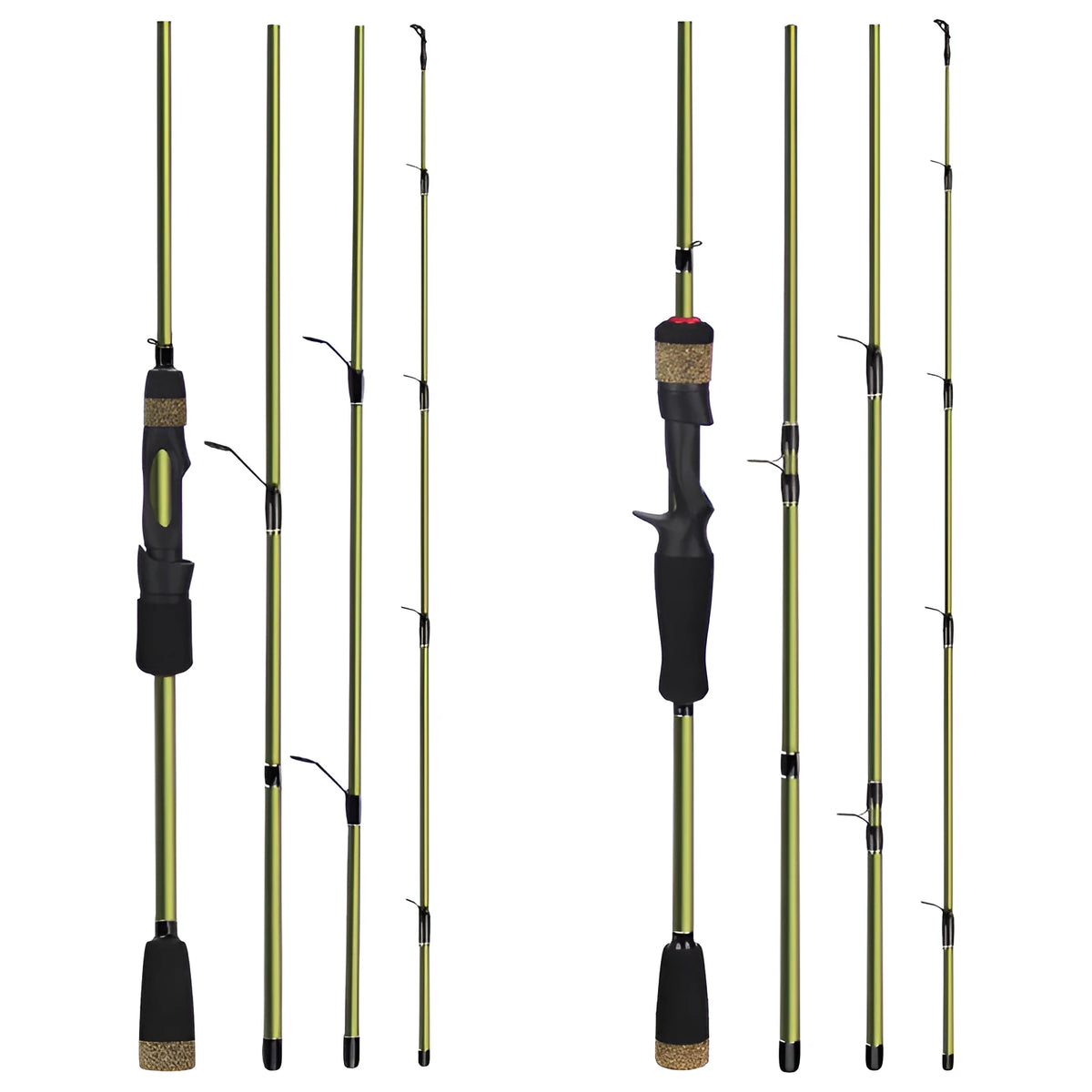 Four-section carbon fishing rod in dark green with straight or gun handle, available in 1.8m, 1.98m and 2.1m