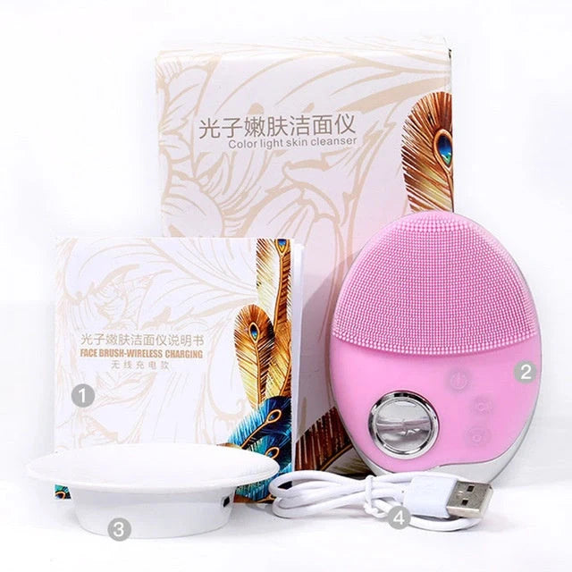 Electric Silicone Face Washer with adjustable vibration and light therapy options
