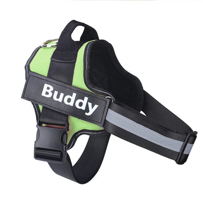 Personalised dog harness with reflective straps and adjustable chest fitting showing no-pull design