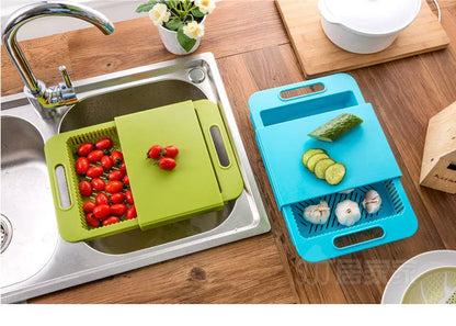 Blue multifunction kitchen chopping board with integrated drain basket and TPE handle