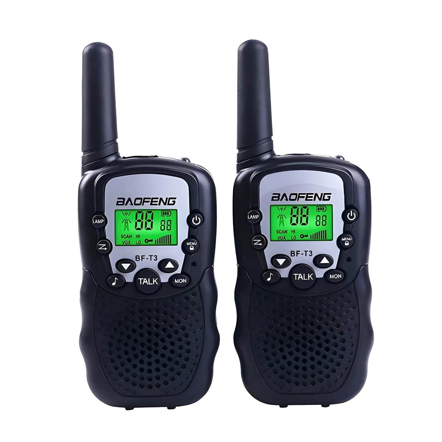 Two children's handheld walkie talkies in bright colours showing channel selector and antenna.