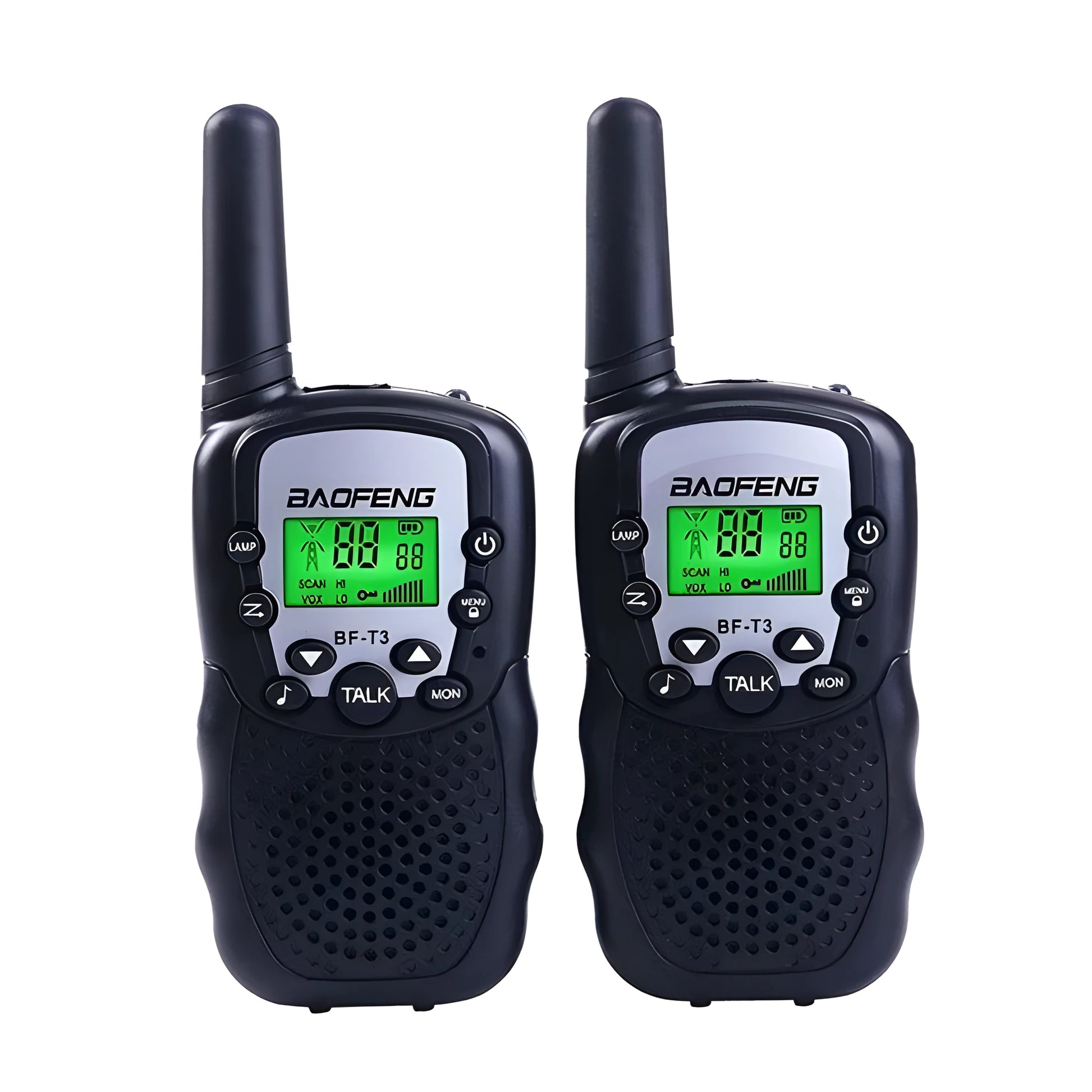 Two children's handheld walkie talkies in bright colours showing channel selector and antenna.