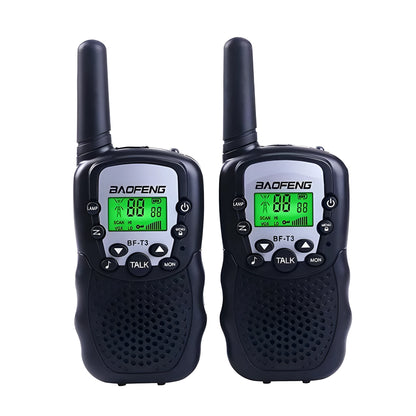 Two children's handheld walkie talkies in bright colours showing channel selector and antenna.