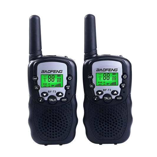 Two children's handheld walkie talkies in bright colours showing channel selector and antenna.