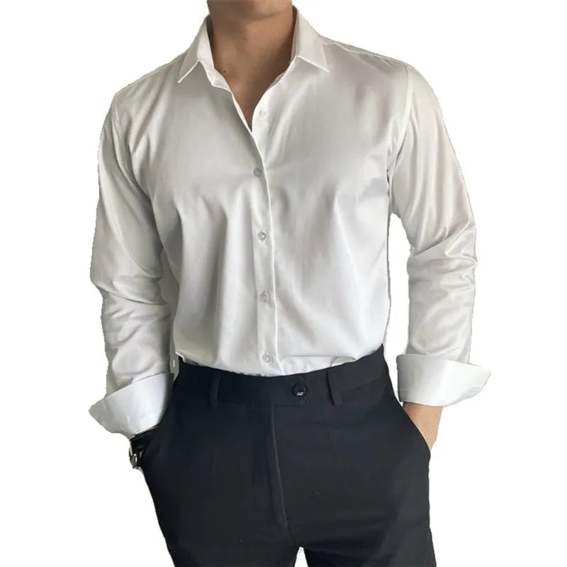 Men's slim fit long sleeve casual shirt in a solid colour, shown in a cardigan style.