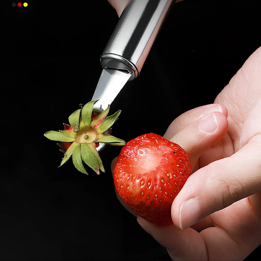 Stainless steel strawberry stem remover tool with 15cm length and 1.5cm coring tip