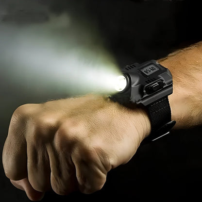 LED wrist watch tactical flashlight with adjustable nylon strap showing time display and illumination functions