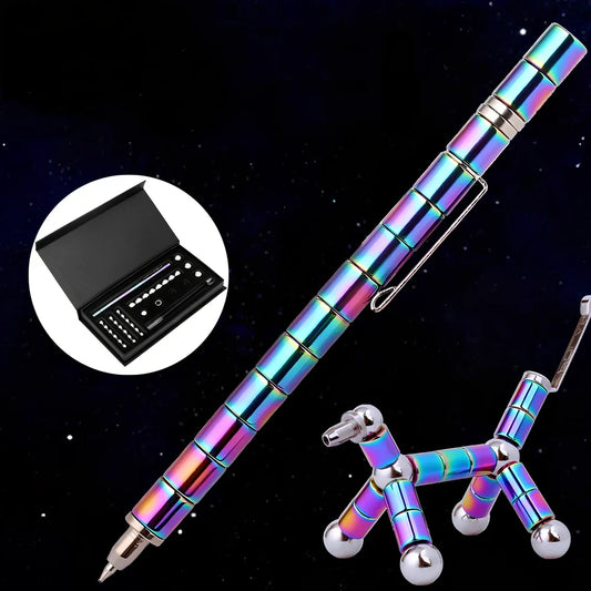 Magnetic transformation pen showing compass, spinning top, and phone stand configurations with 13 neodymium magnets