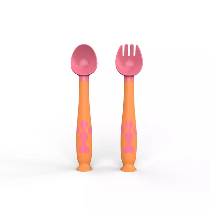Adjustable baby spoon and fork set in blue, purple, pink, or yellow for easy self-feeding