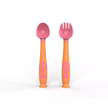 Adjustable baby spoon and fork set in blue, purple, pink, or yellow for easy self-feeding