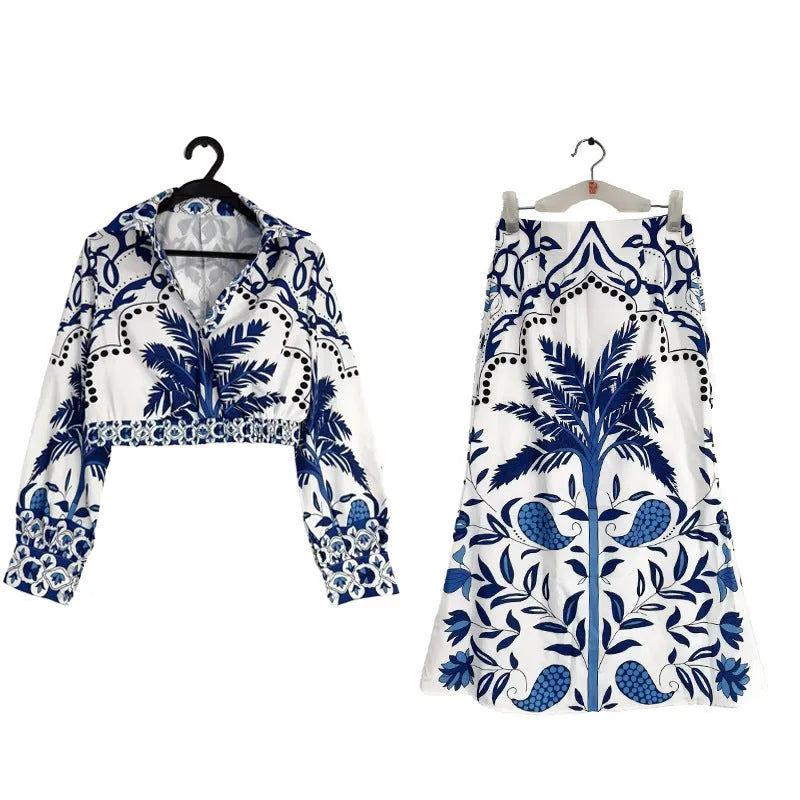 Flower pattern spring casual set with long sleeve top and matching skirt in polyester fabric