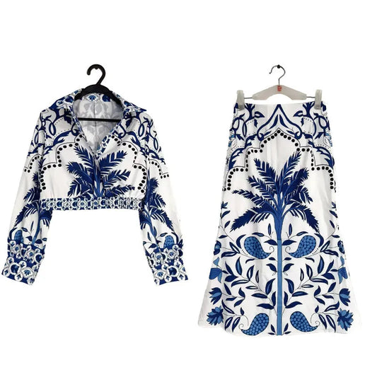 Flower pattern spring casual set with long sleeve top and matching skirt in polyester fabric