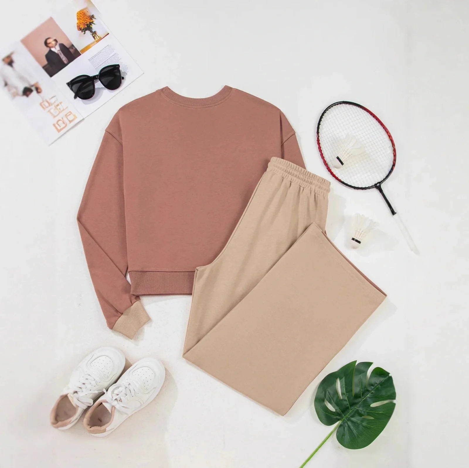 Women's camel-coloured cotton matching sports leisure suit with top and trousers