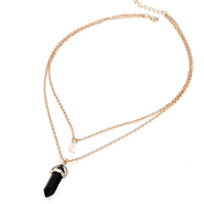 Stylish double moon natural stone pendant necklace with adjustable chain, available in multiple colors.