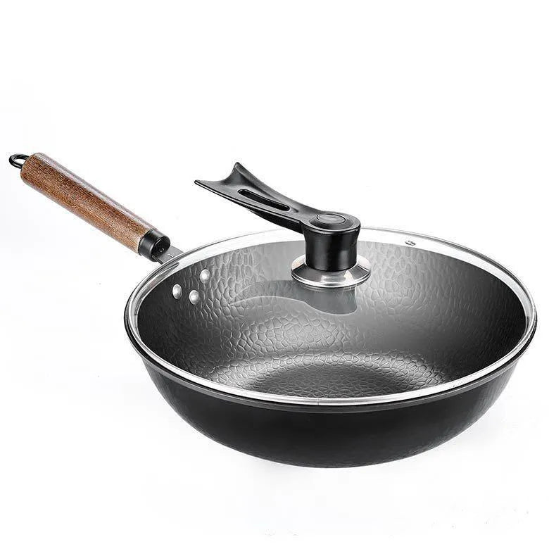 Traditional handmade iron wok pan with wooden handle, 40 cm diameter cooking surface