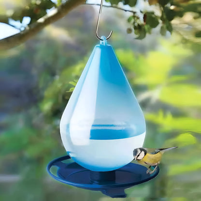 Blue water drop shaped plastic hanging hook bird feeder with bowl, cup and bucket format for garden birds.