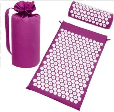 Acupuncture yoga cushion and pillow set with 210 pins for muscle relief, available in multiple colors.