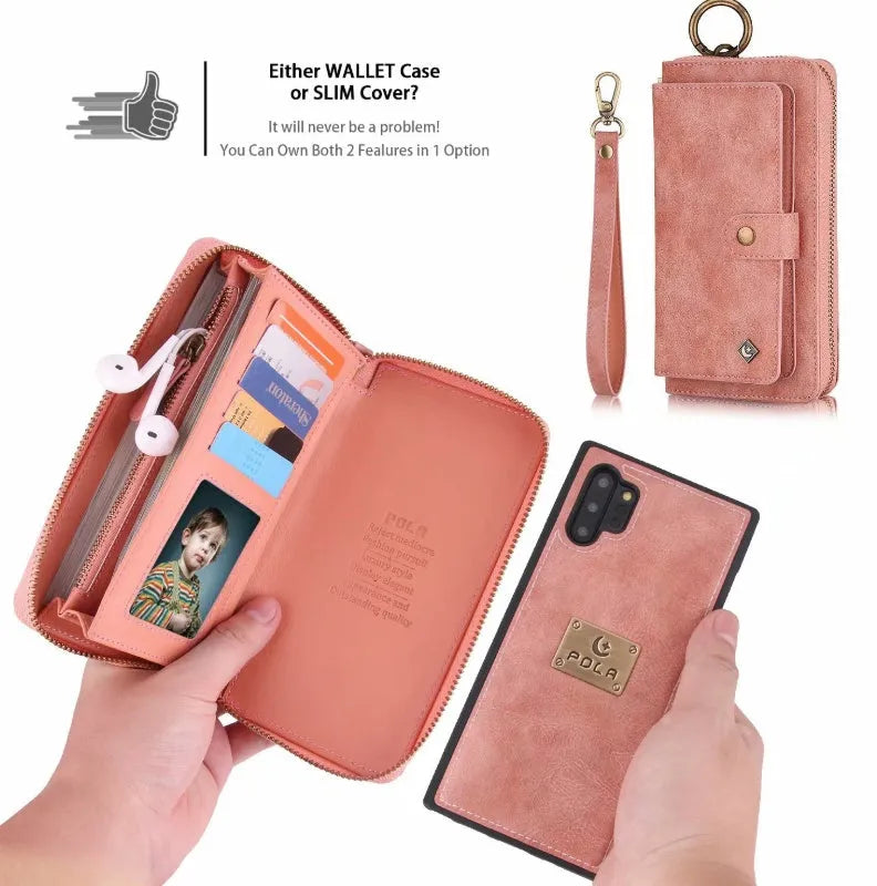 Black PU leather zipper wallet case open next to a Samsung Galaxy phone.