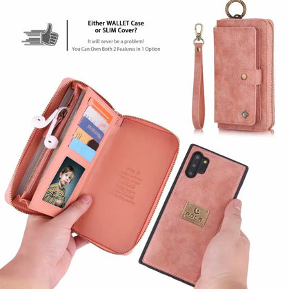 Black PU leather zipper wallet case open next to a Samsung Galaxy phone.