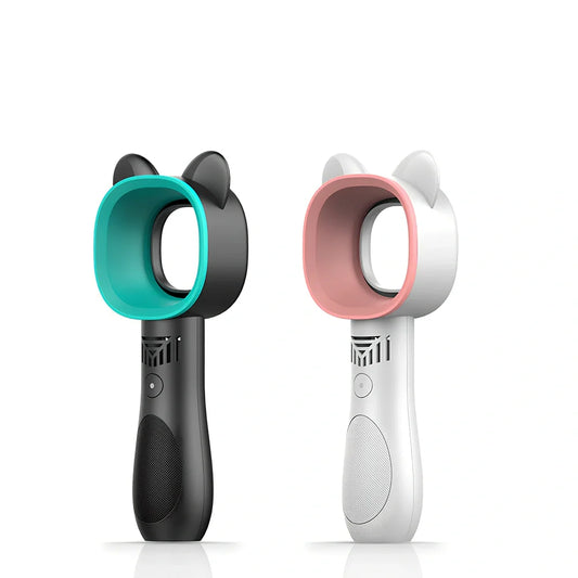 Mini blue bladeless fan measuring 8x22x4.5cm with 20000mAh battery for portable cooling