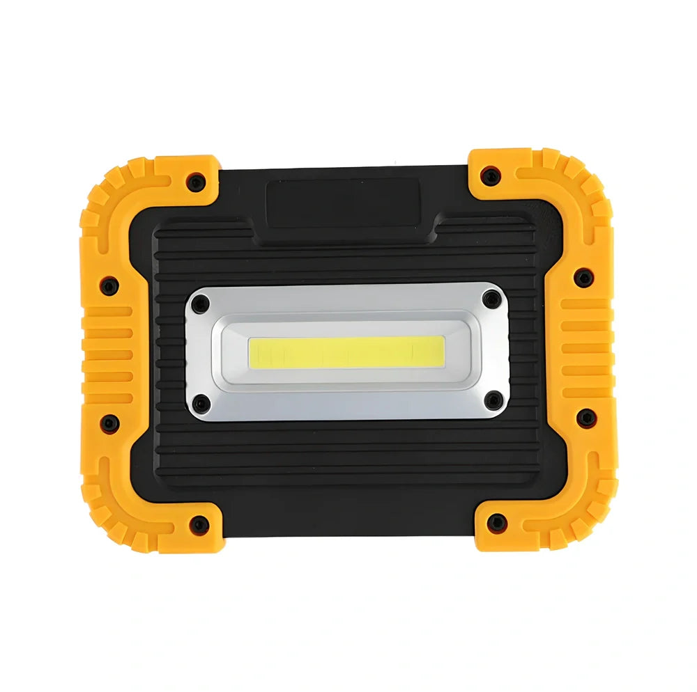 LED camping lantern with rotatable support showing USB ports and battery indicator lights