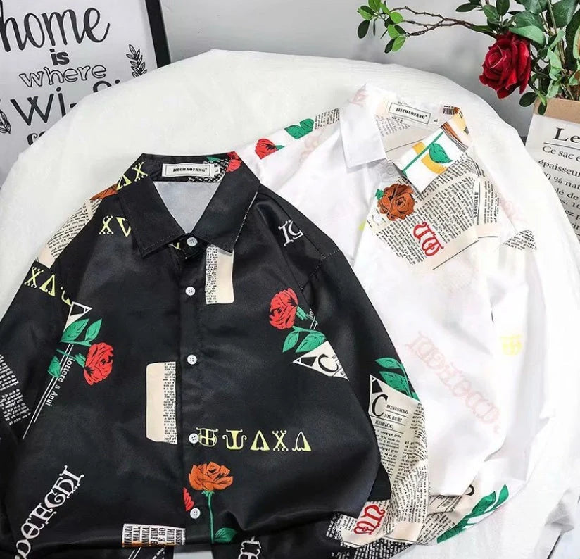 Loose Long Sleeve Tide Brand Shirt in black and white, made from 100% polyester fiber