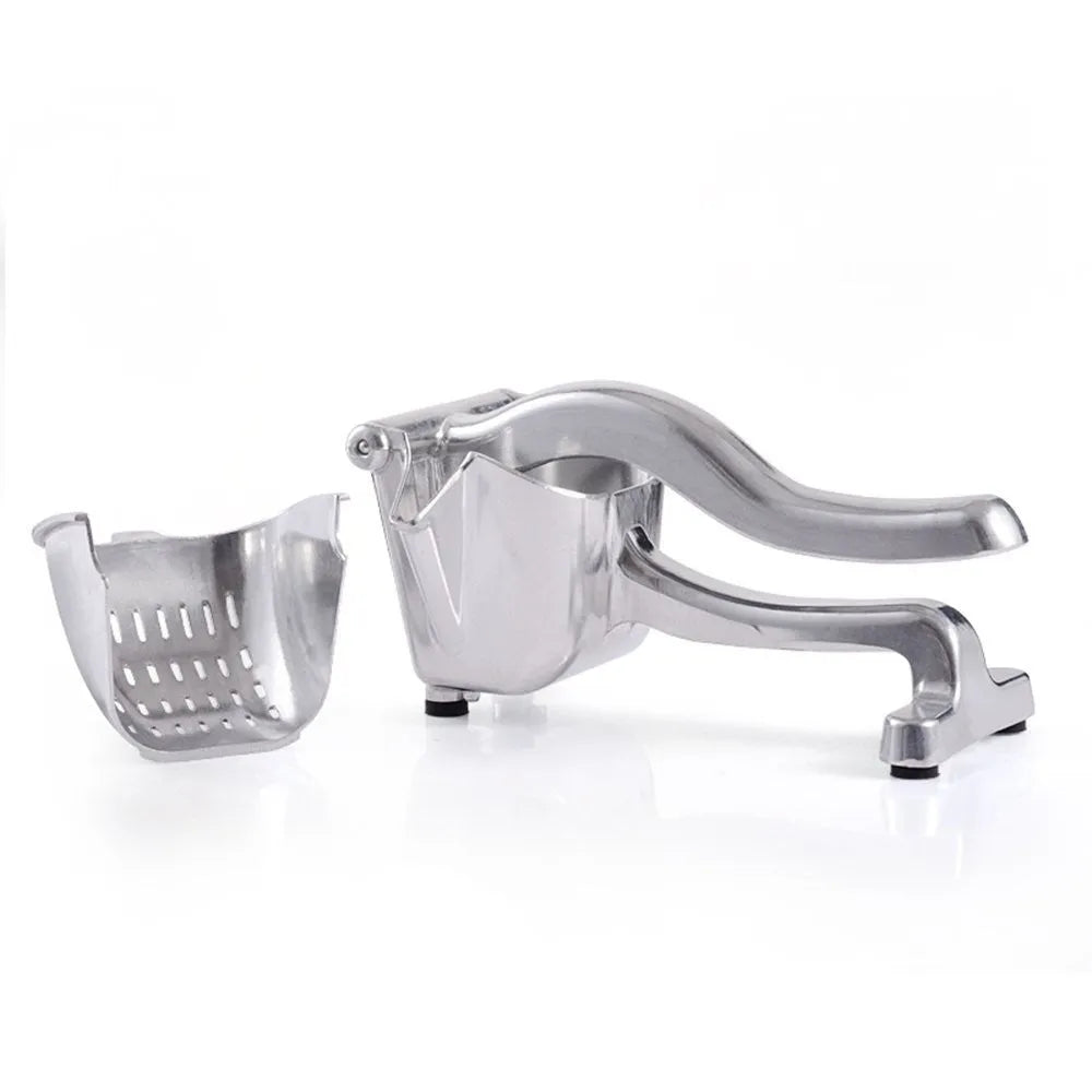 Silver heavy duty aluminium and steel lemon squeezer with large bowl and long handle.
