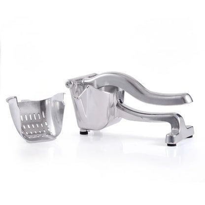 Silver heavy duty aluminium and steel lemon squeezer with large bowl and long handle.