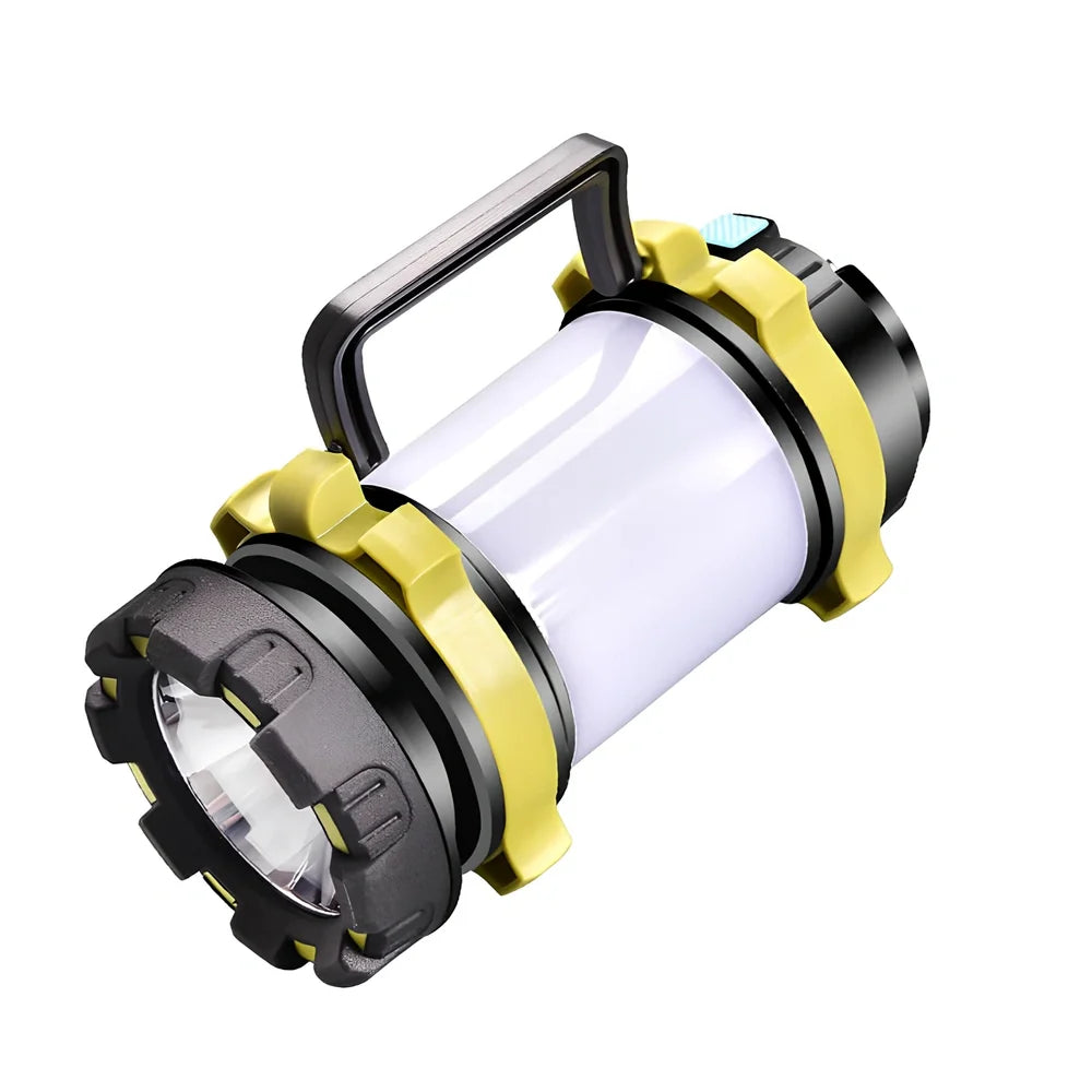 Green camping light with LED display showing multiple lighting modes and USB charging port