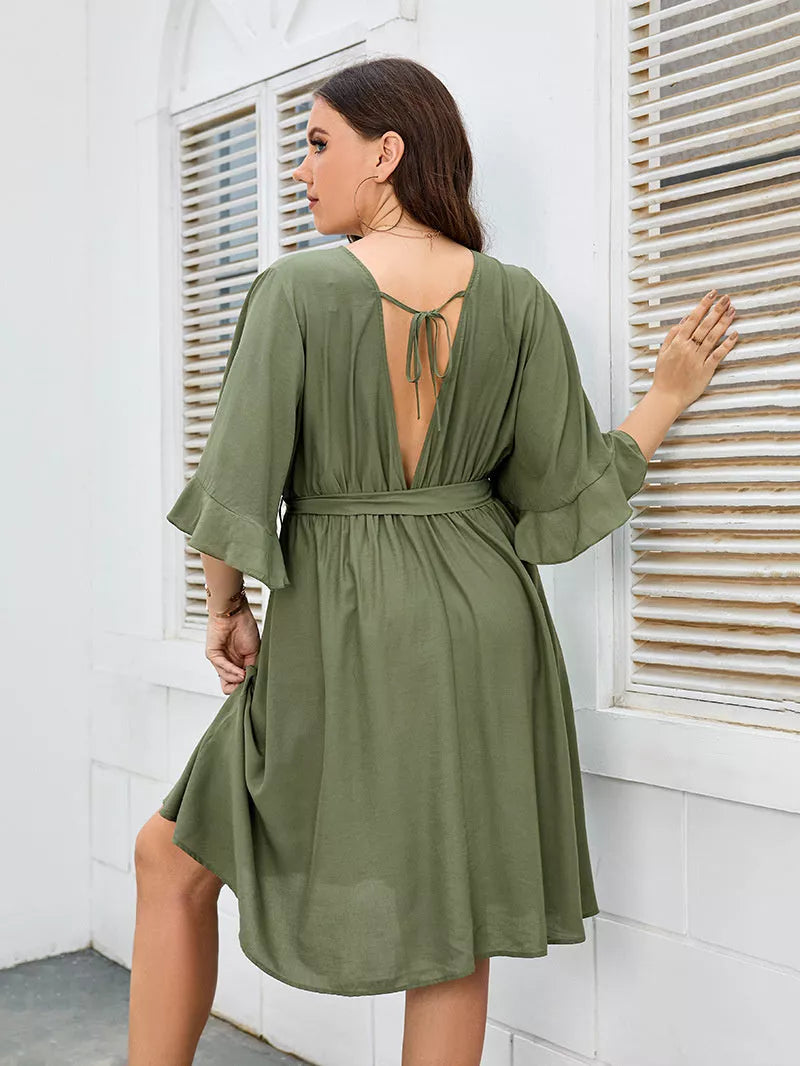 Plus size green V-neck party skirt with ruffle sleeves for women