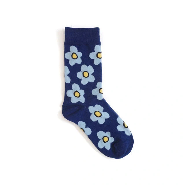 Cozy cotton socks featuring a playful cartoon flower pattern, designed for breathability and comfort.