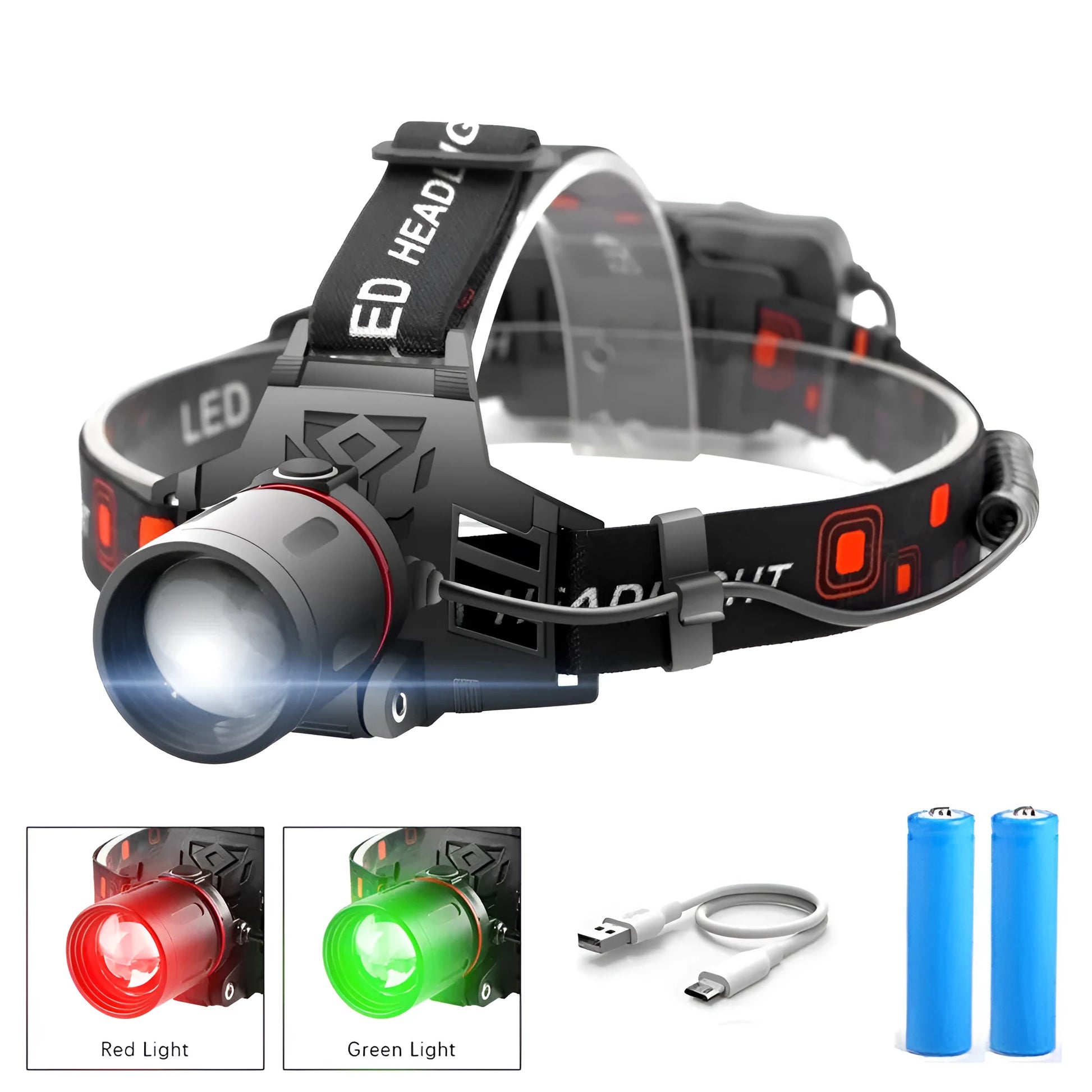 Black T6 LED zoom headlamp showing white, red, and green light LEDs on an adjustable head strap.