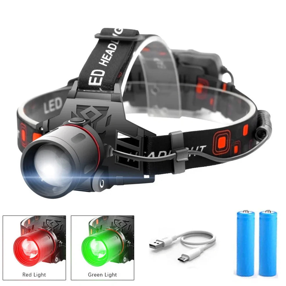 T6 LED headlamp with zoomable beam, showing white, green, and red light options, on a head strap