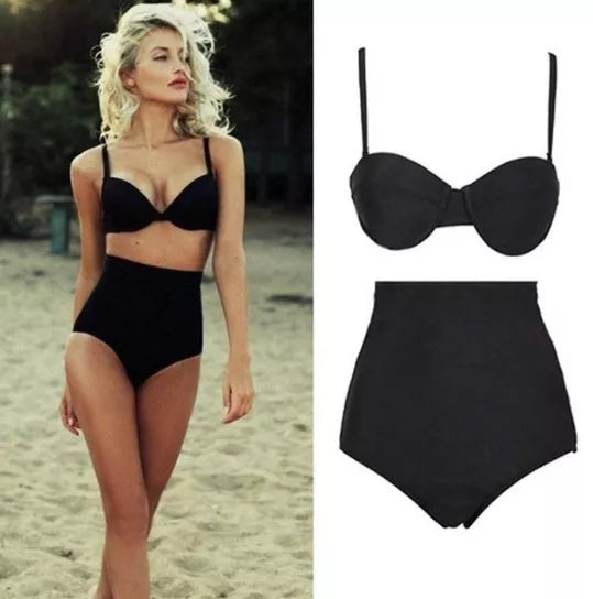 Black retro high waist bikini swimsuit with solid color design