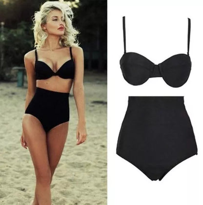 Black retro high waist bikini swimsuit with solid color design