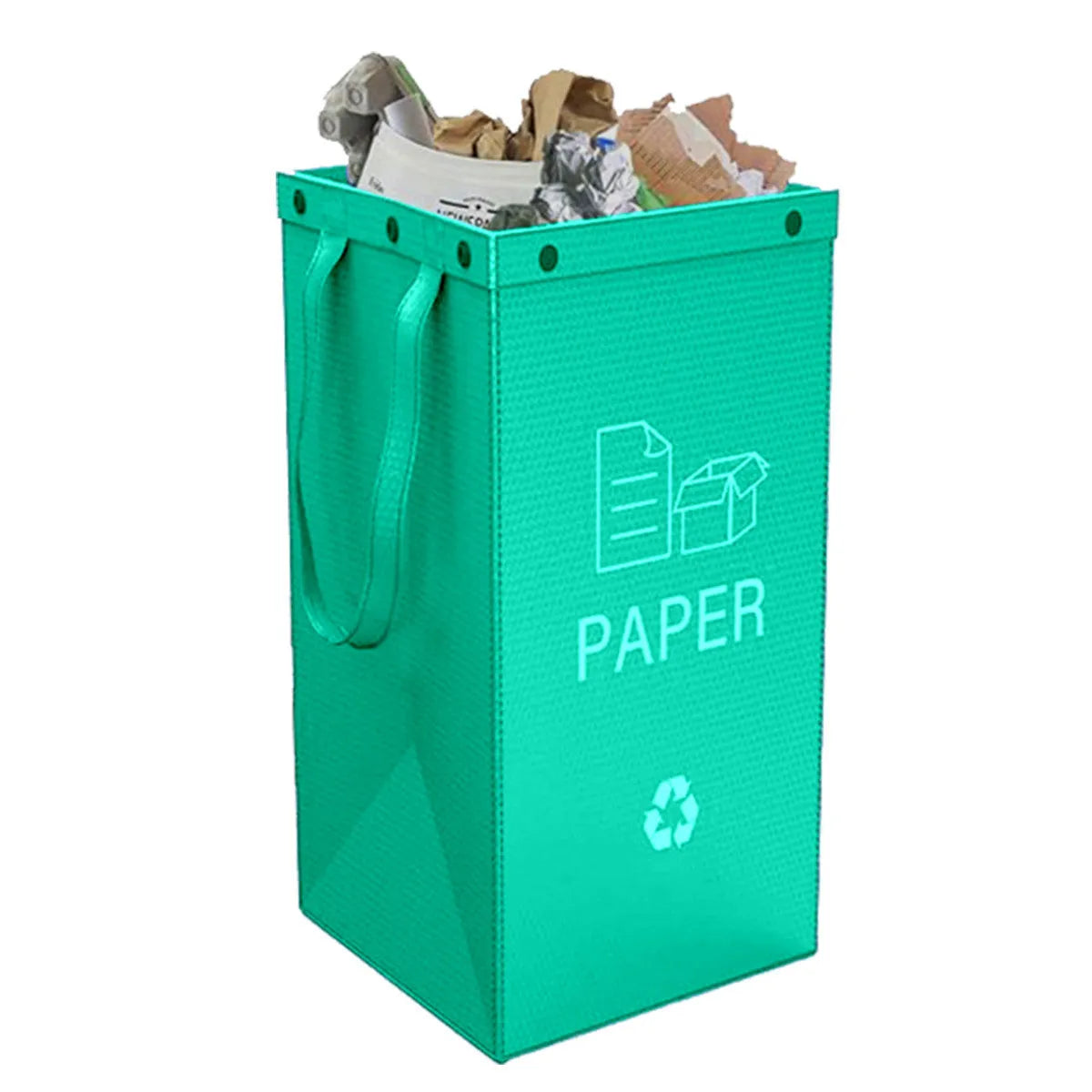 Handbag-style 40-litre garbage bin in blue, showing sorting compartments and 30x50x30cm dimensions