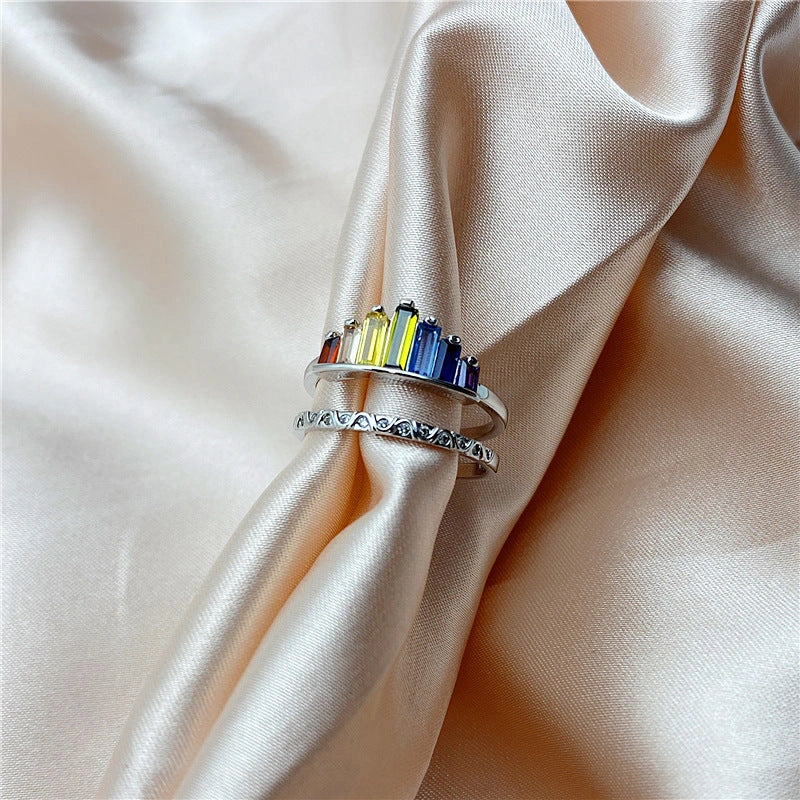 Stylish Rainbow Micro Diamond Ring with geometric design and vibrant colors