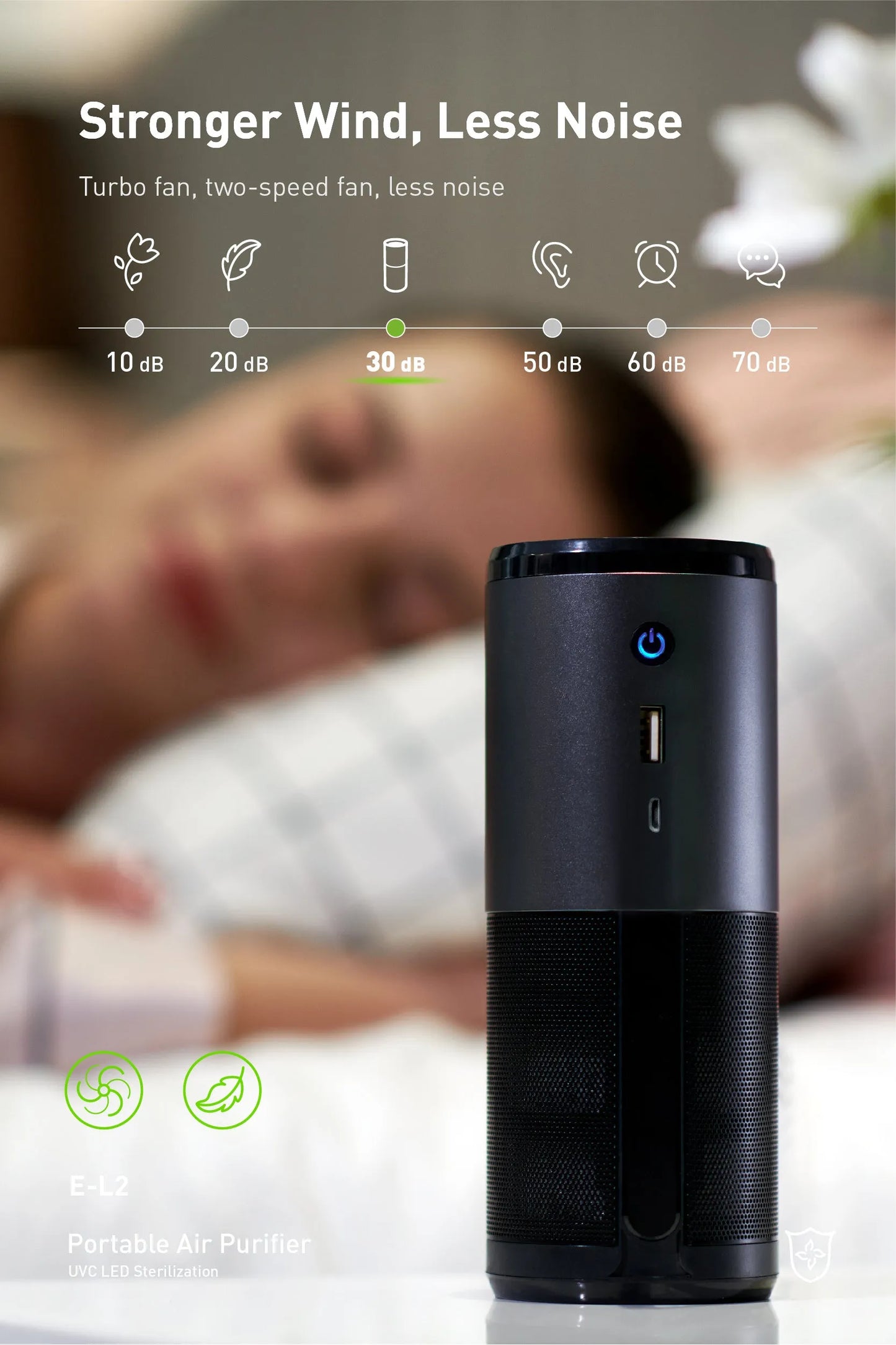 Portable mini car air purifier in black colour with smart sensor display, measuring 6.2 by 17.2 centimetres
