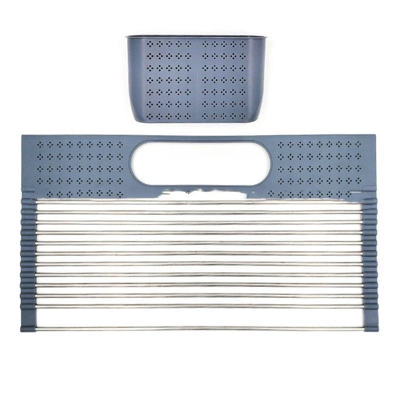 Foldable stainless steel dish rack with utensil caddy, perfect for kitchen organization