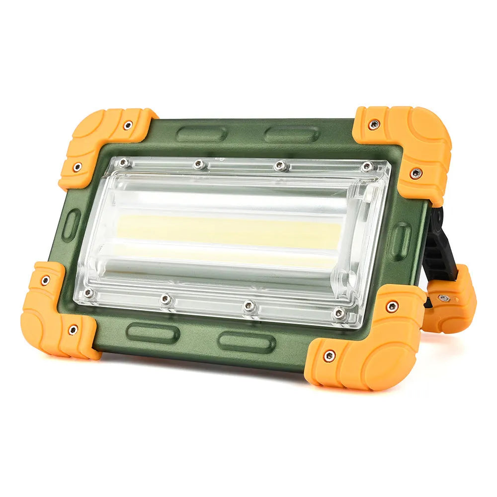 Yellow aluminium alloy COB work light, 50W, 120° wide beam, IP65 waterproof, USB cable, 20.5 x 4 x 13 cm