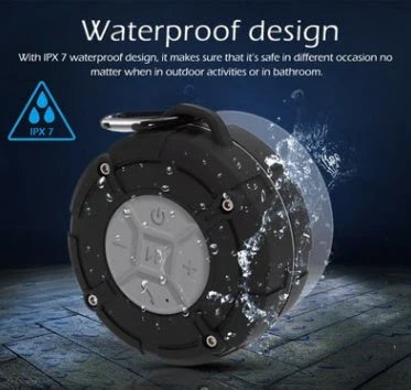 Waterproof Bluetooth speaker with buckle design, available in gray and blue colors, for outdoor adventures and activities