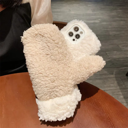 Brown glove plush phone case for Apple iPhone with TPU back cover and cold protection plush glove
