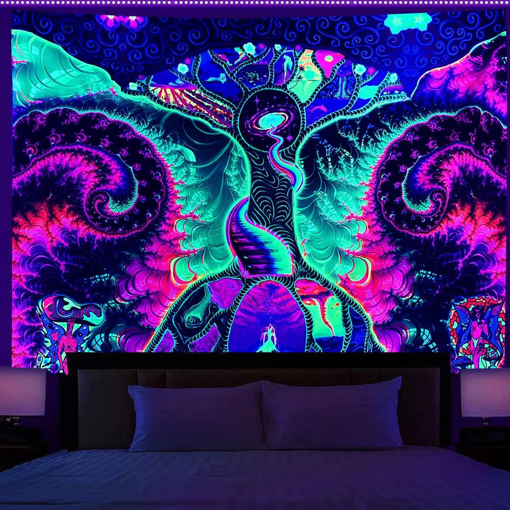 Simple mushroom tree of life fluorescent print polyester tapestry, 150x200cm size hanging on wall with subtle glow