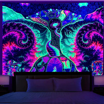Simple mushroom tree of life fluorescent print polyester tapestry, 150x200cm size hanging on wall with subtle glow
