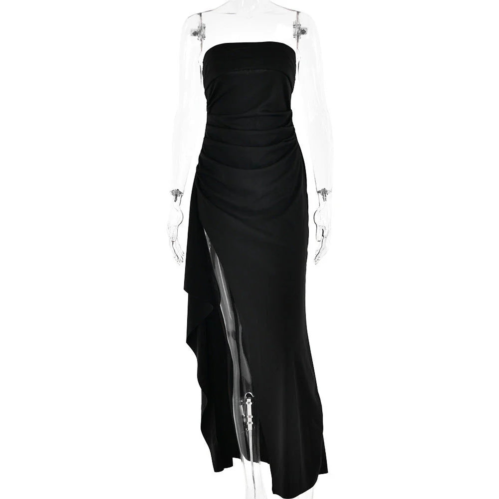 Backless pleated maxi dress in various colors, featuring high-waisted silhouette and unique design