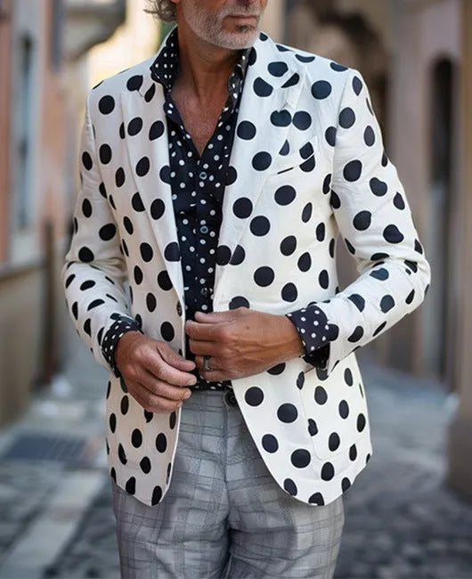 Men's slim fit two-button suit jacket with large top-stitch pockets in a polyester blend fabric.