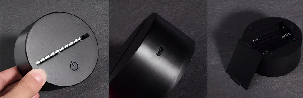 3D LED lamp with acrylic display and ABS base showing multicolour lighting effects