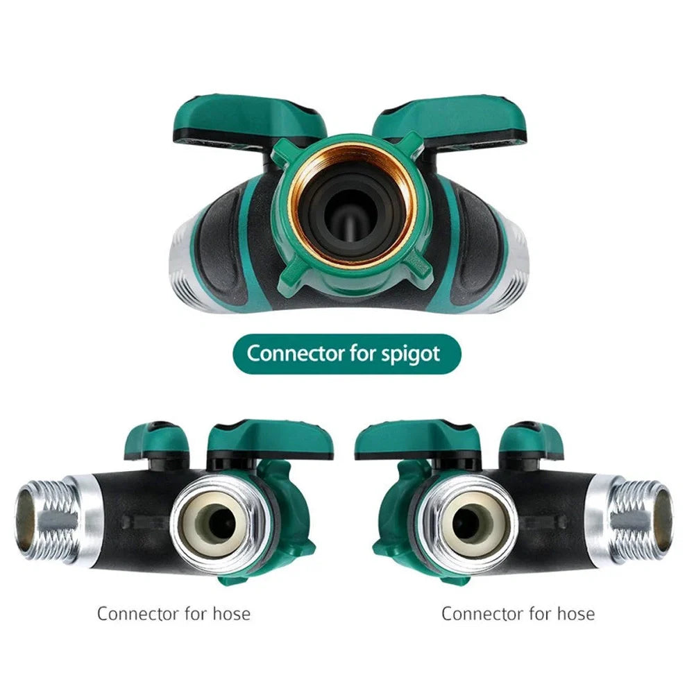 Green Y-type plastic fluid splitter with aluminium-plated copper inlet and zinc alloy outlets measuring 94x91x55mm