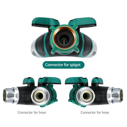 Green Y-type plastic fluid splitter with aluminium-plated copper inlet and zinc alloy outlets measuring 94x91x55mm